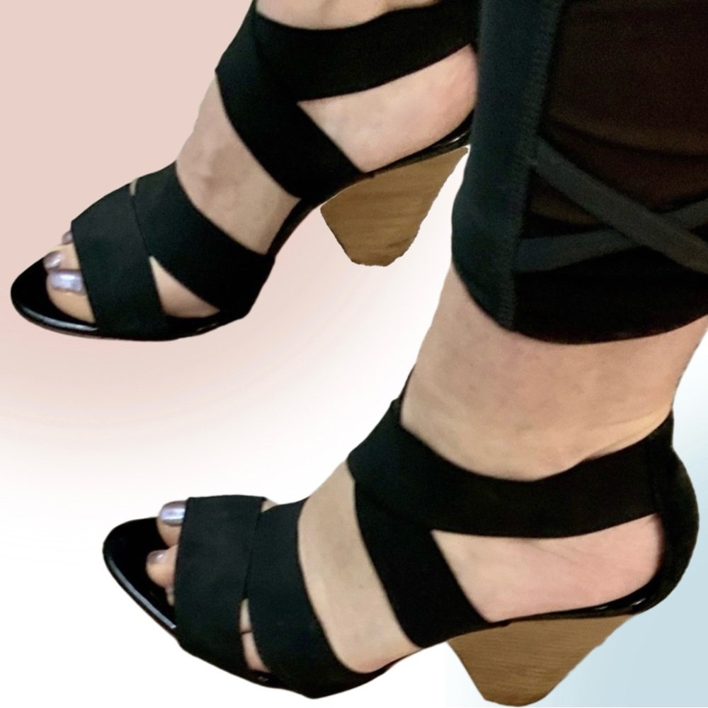 BCBG MAXAZRIA Black Leather & Elastic Strappy Sandals with Stacked Heel - Picture 10 of 12